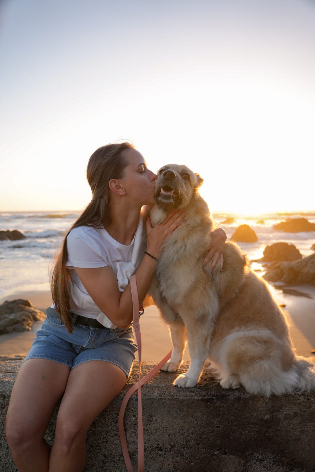 A dog kissing its owner's cheek at the beach
