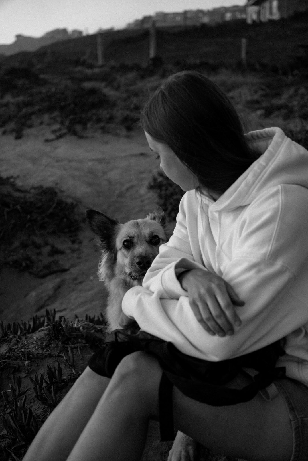 Black-and-white portrait, woman and dog looking out at the coast