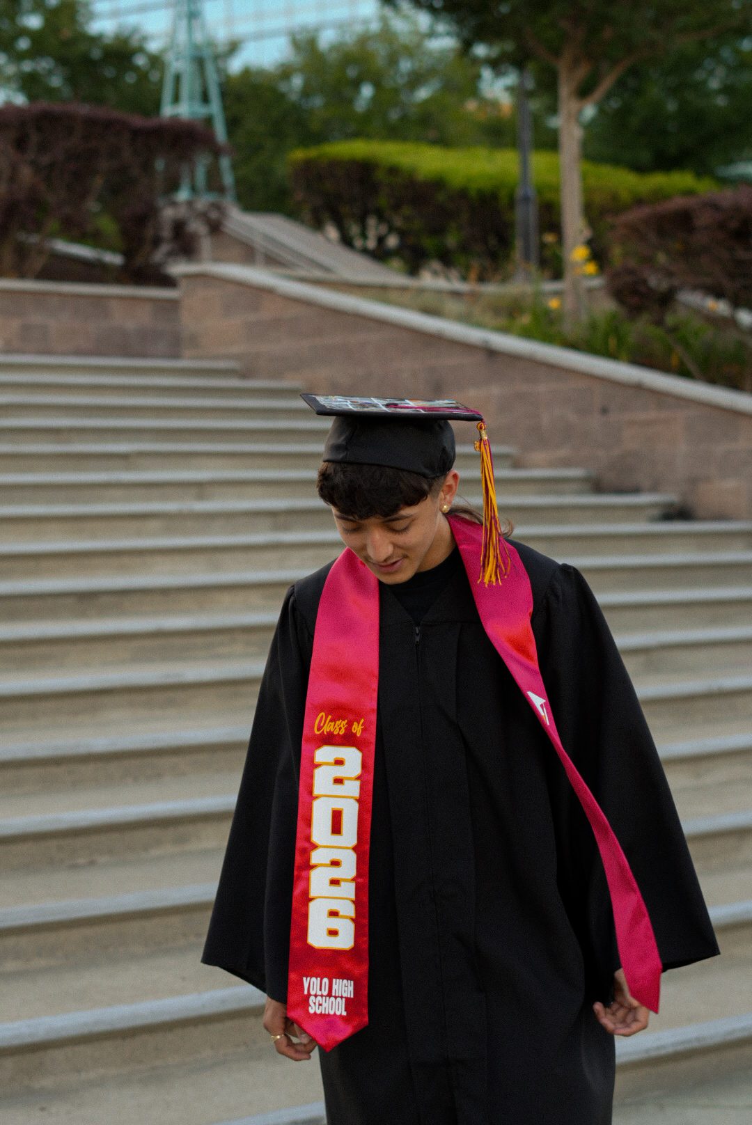 Senior portrait, walking down the steps